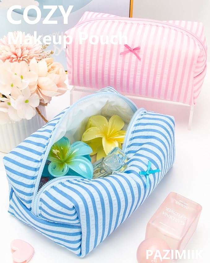 Cozy Makeup Bag for Women,Zipper Cosmetic Pouch,Stripe Lake Blue,2 Pack