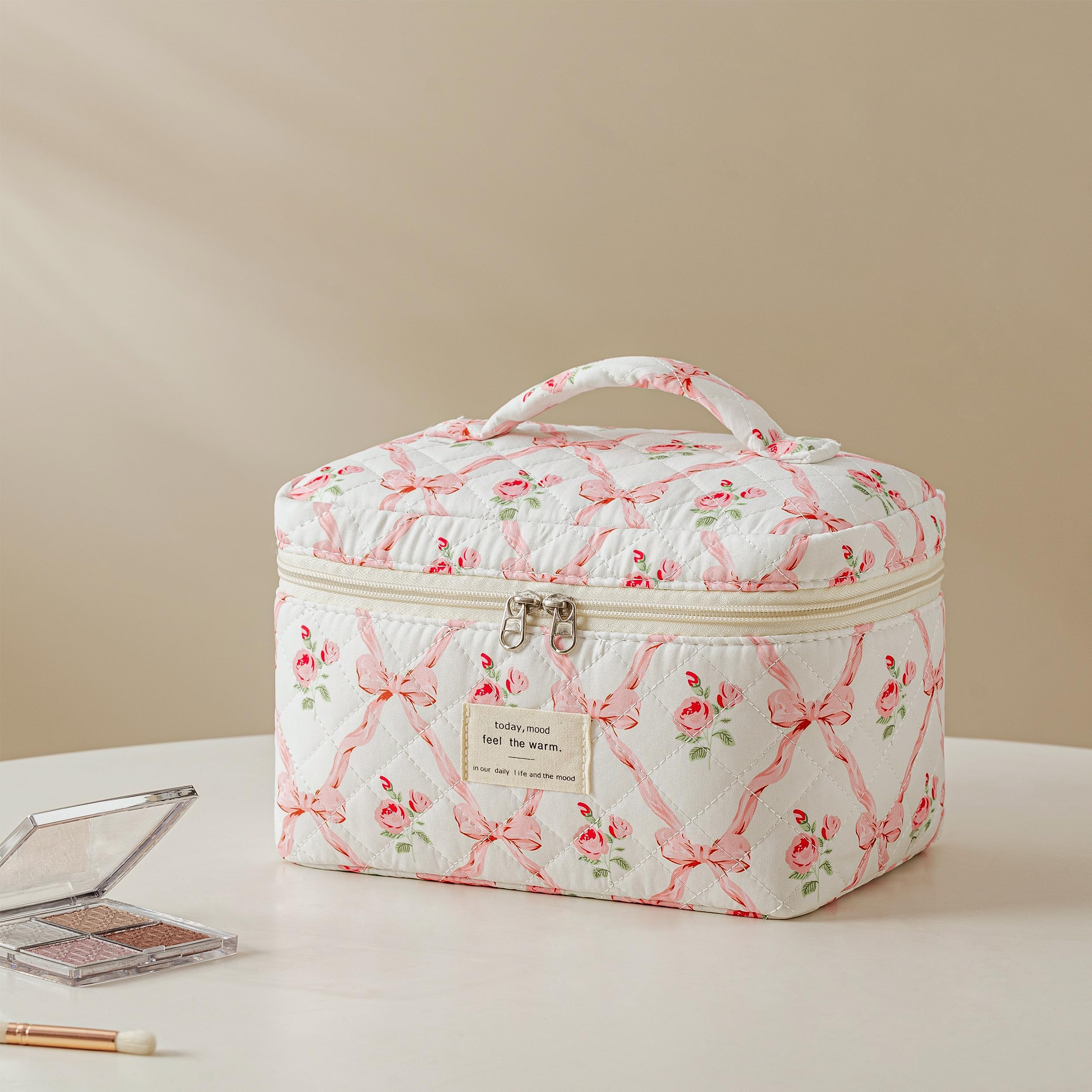 HBselect Quilted Makeup Bag, 3Pcs Cotton Large Travel Makeup Bags Organizer