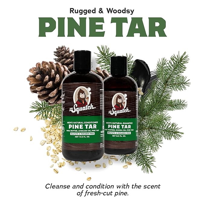 Dr. Squatch Men's Natural Shampoo and Conditioner Set – Sulfate & Paraben Free Natural Shampoo and Conditioner for Men – Scalp Nourishing Formula – Pine Tar (11 fl oz, 2-Pack)