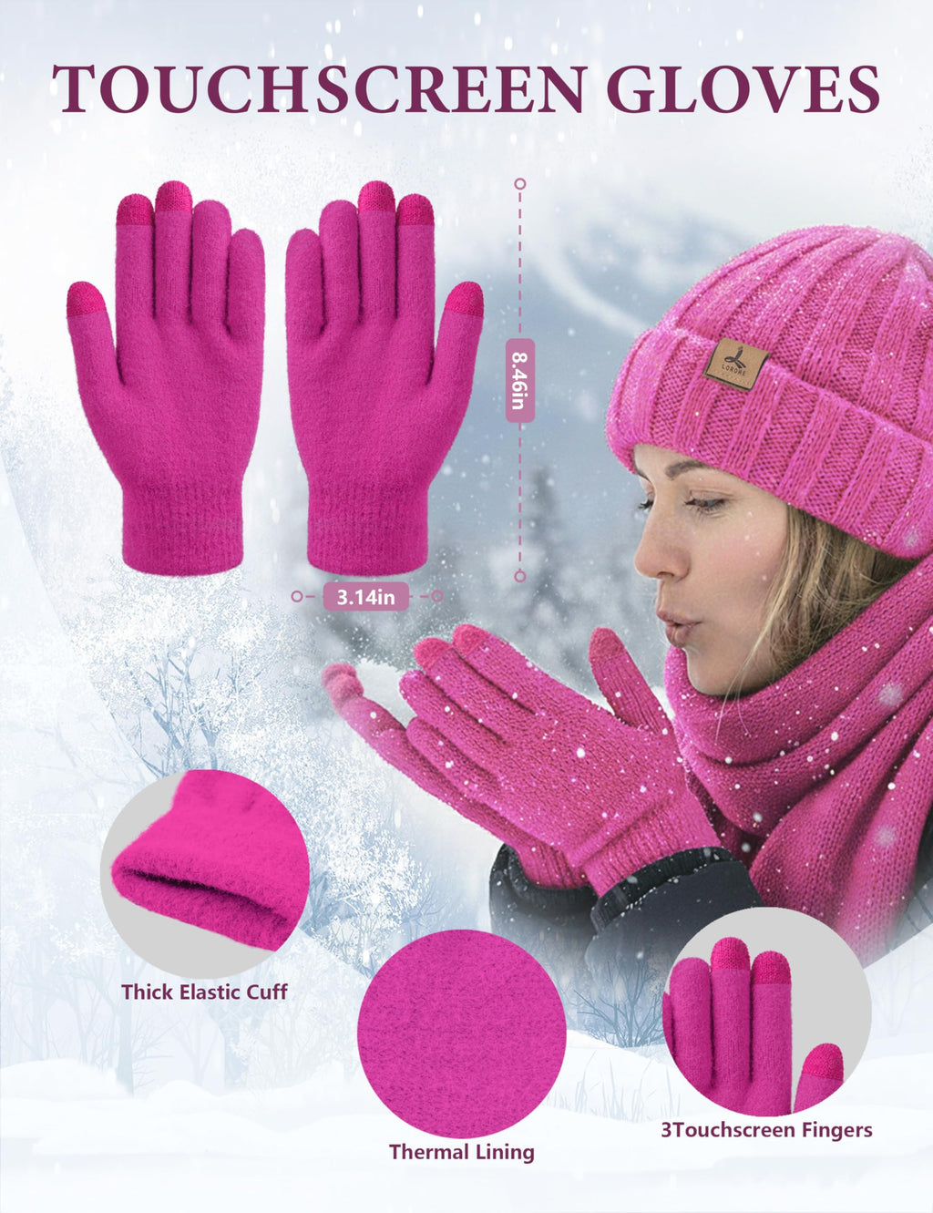 LOROME Winter Beanie Hat Gloves Scarf, Cashmere Hat Gloves Scarf Set Women