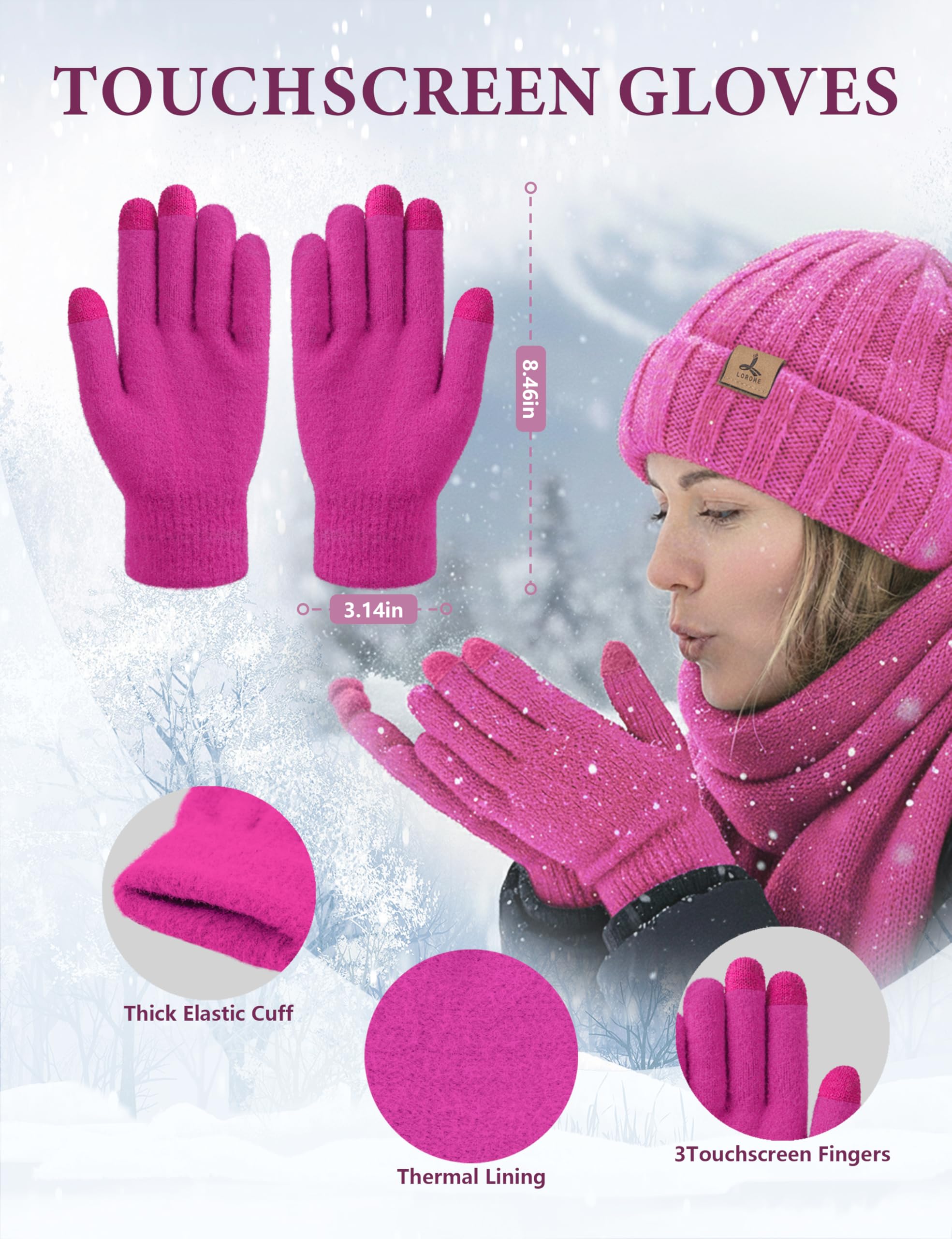 LOROME Winter Beanie Hat Gloves Scarf, Cashmere Hat Gloves Scarf Set Women