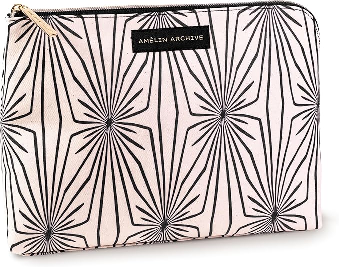 AMÉLIN ARCHIVE Large Canvas Zipper Pouch, Vintage Inspired Pencil Case for Adults, Travel Toiletry Bag, Pouch Bag for Supplies, Makeup or Toiletries (Composition)