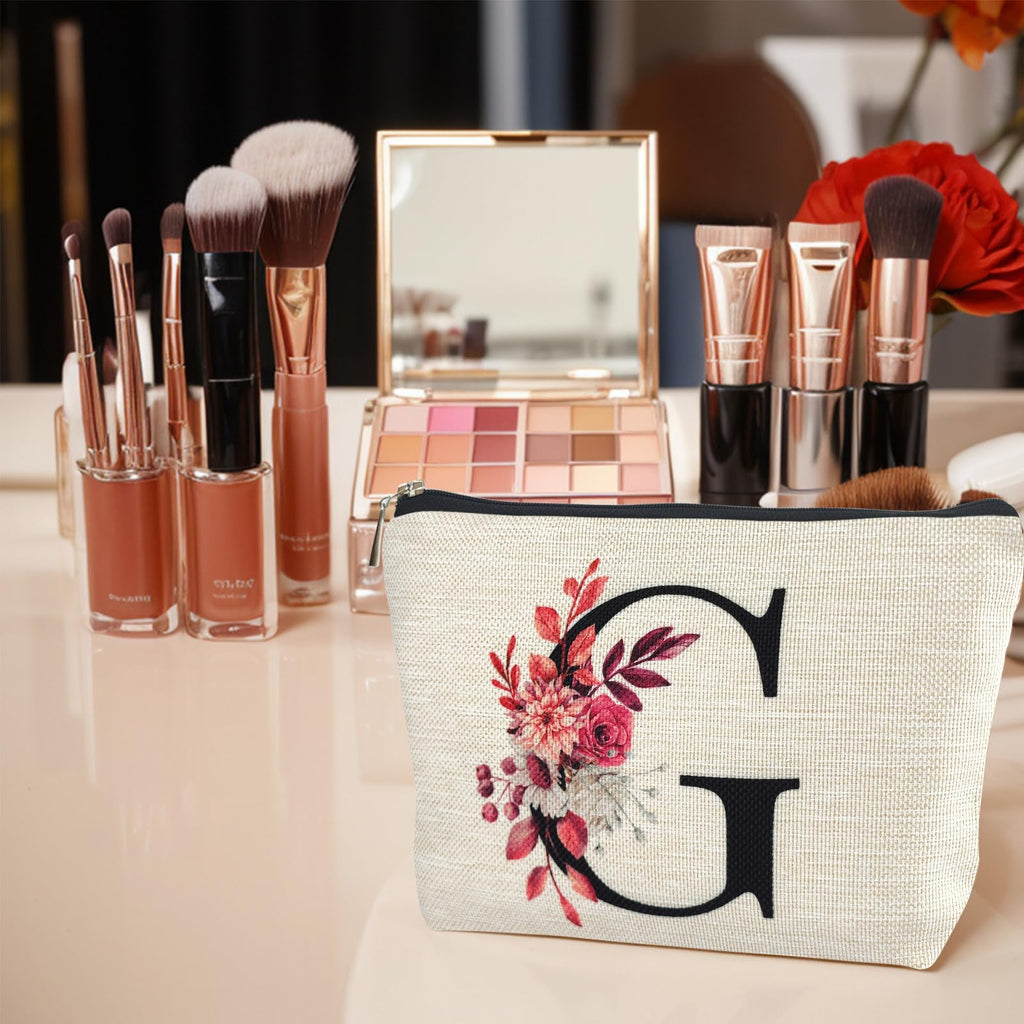 Initial A-Z Personalized Floral Makeup Bag, Monogrammed Birthday Gifts for Women Mom, Mothers Day Christmas Gift Ideas for Best Friend, Bride Bridesmaid, Her, Grandma, Small Travel Cosmetic Bag (G)