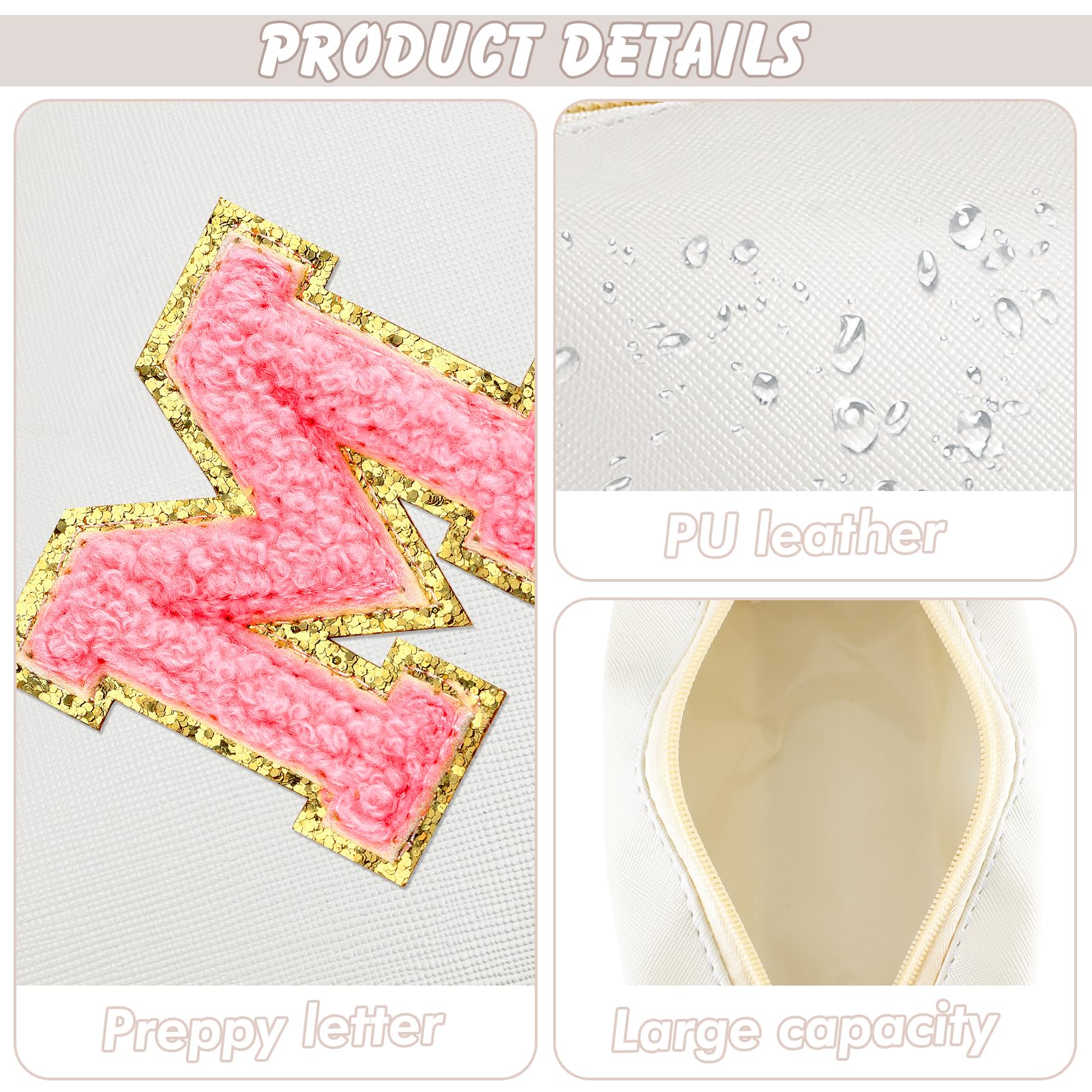 URSKYTOUS Initial Makeup Bag Personalized Preppy Travel Small Cosmetic Bag Cute PU White Chenille Letter Makeup Pouch for Purse Waterproof Zippered Toiletry Organizer for Women Girl Kid Friends (M)