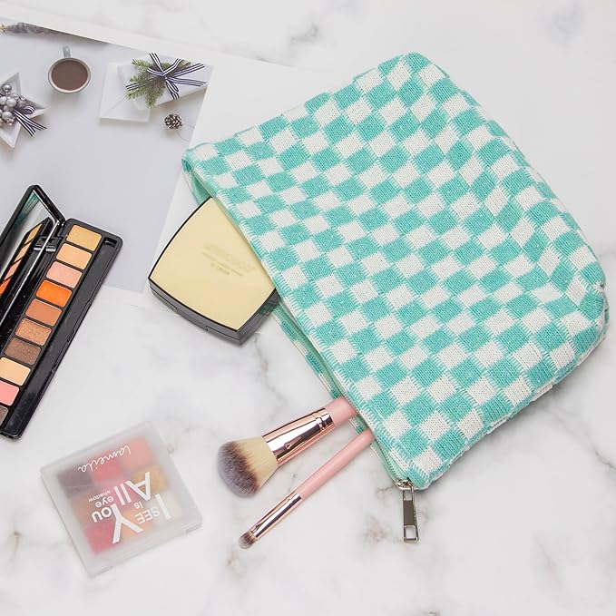 Checkered Makeup Bag for Purse, Small Flat Cosmetic Pouch,Arctic Blue