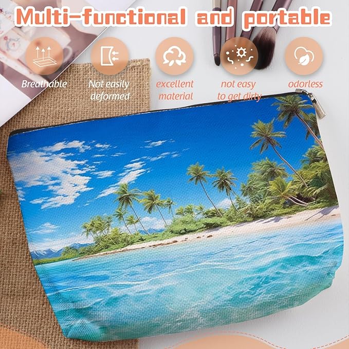Scribesense Makeup Bag Travel Cosmetic Bags Small Makeup Case Waterproof Zipper Pouch for Women Girls 7X9inches - Tropical Paradise with Palm - Lined Beach