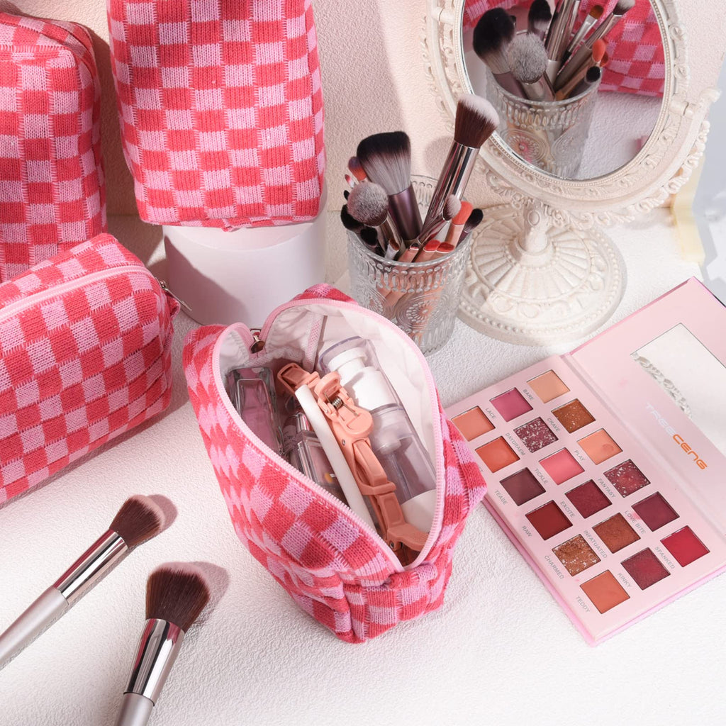 SOIDRAM Checkered Makeup Bag Preppy Cosmetic Bag Bulk Pink Makeup Pouch Personalize Travel Toiletry Bag Organizer Cute DIY Makeup Brushes Storage Bag for Women