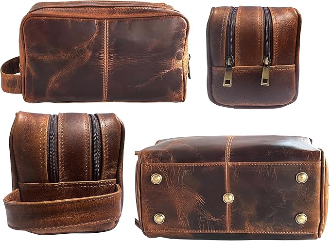 Leather Travel Toiletry Bag for Men, Full Grain Cosmetic Dopp Kit Organizer