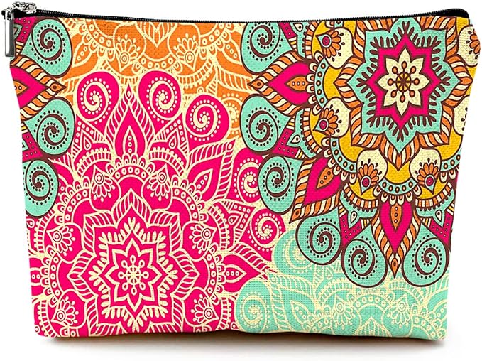 Givotin Cute Makeup Bag for Purse Canvas Waterproof Funny Cosmetic Bags for Women Zipper Travel Toiletry Pouch-Boho Flower Makeup Bags