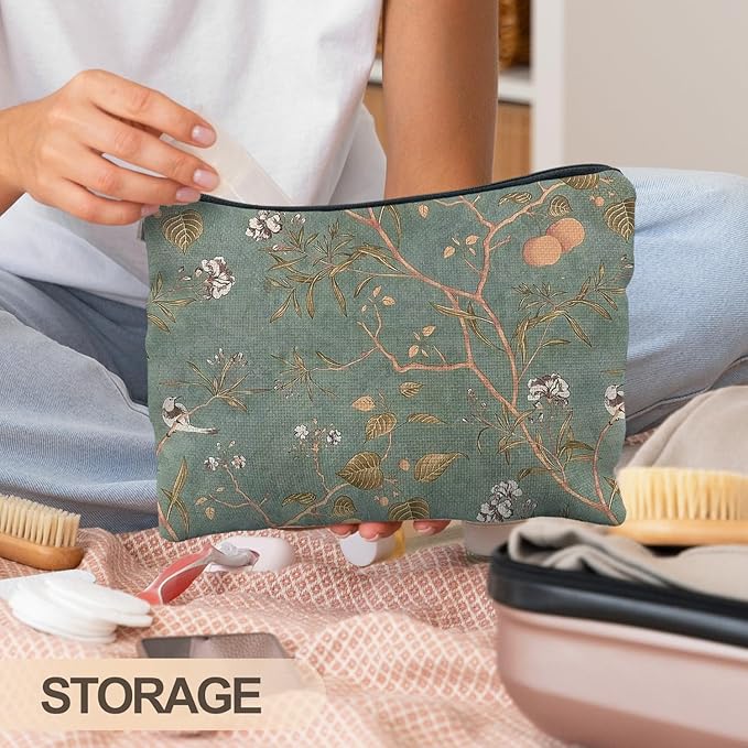 RYYCDOI Vintage Floral Bird Makeup Bag, Chinoiserie Green Floral Cosmetic Bags for Women, Rustic Country Botanical Zipper Makeup Pouch