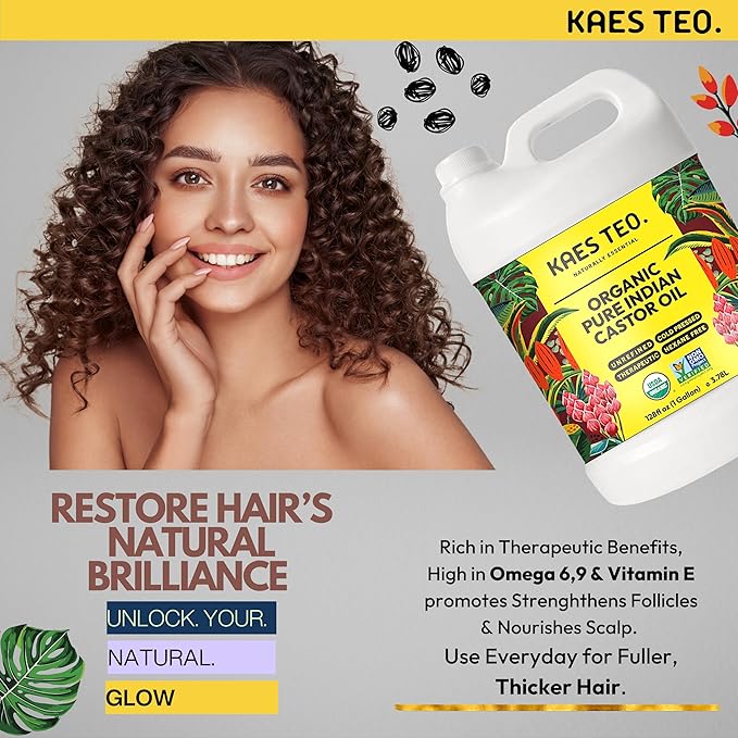 Kaes Teo Organic Castor Oil 1 Gallon (128 fl oz) Bulk, 100% Pure Cold-Pressed, Hexane Free, Eyelash, Eyebrow & Hair Growth Serum, Skin Moisturizer, Massage, Hair Loss, Dandruff, Detox and Wraps