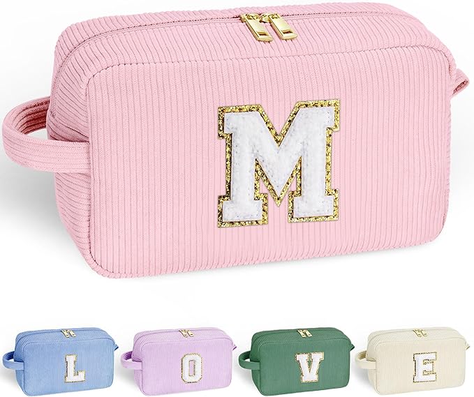 YOOLIFE Year Old Girl Birthday Gift - Cute Pink Makeup Bag Travel Toiletry Bag for Women Teen Girls, Teen Girl Gifts Trendy Stuff | Bridesmaid Wedding Gift Ideas for Women Teens Girls Letter M