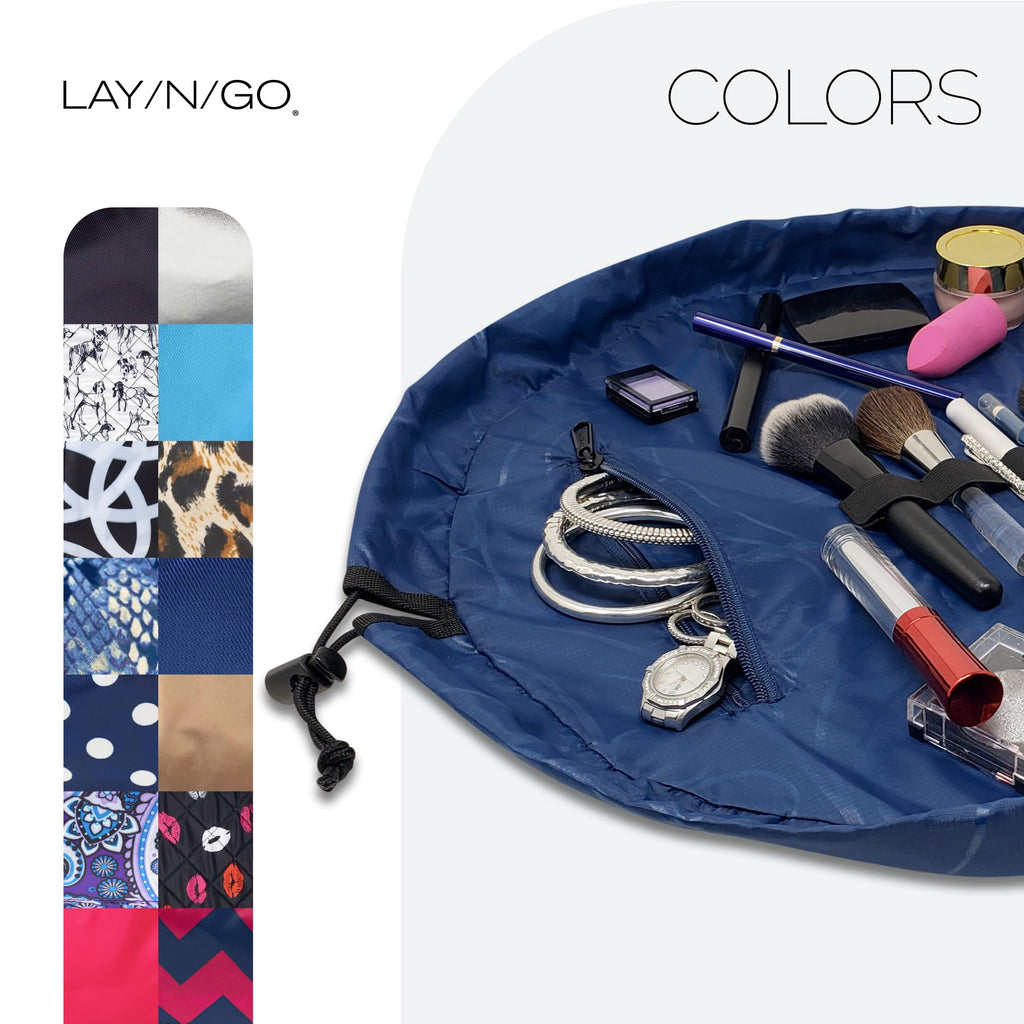 Lay-n-Go Cosmo Layflat Drawstring Cosmetic & Makeup Bag Organizer w/Zipper Pocket, Brush Loops & More, Cinch to Close, Lay Flat to Use, Durable, Machine Wash, Travel Toiletry Bag (20", Navy)