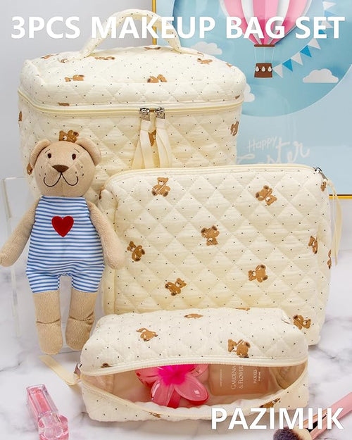 3 Piece Quilted Makeup Bag Set for Women,Cosmetic&Toiletry Bag,Gauze Bear