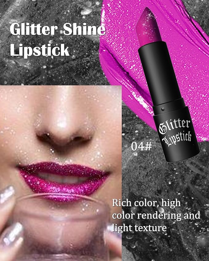 Pink Purple Glitter Lipstick, Waterproof Shimmer Lip Gloss,Christmas Makeup