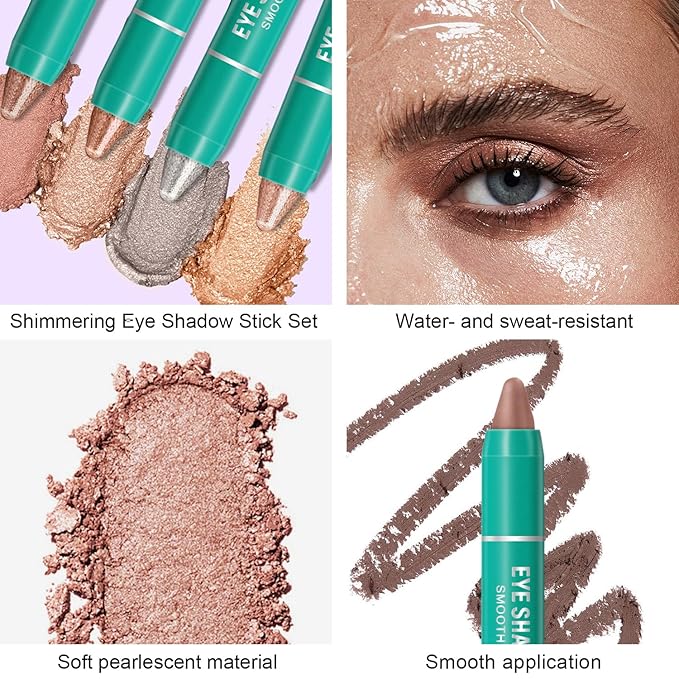 GADMLURY 8Pcs Pink Eyeshadow Stick, Eye Brightener Stick Built-in Blender Brush, Shimmer Creamy Eye Shadow Makeup, Waterproof Long Lasting Glitter Highlighter Eye Liner Pencil (4PCS A)