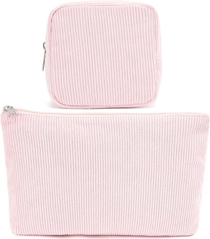 Fammart Corduroy Makeup Bag, Travel Cosmetic Bag Organizer Toiletry Bag Make Up Bags with Zipper & Compartments for Women Girls, 2PCS