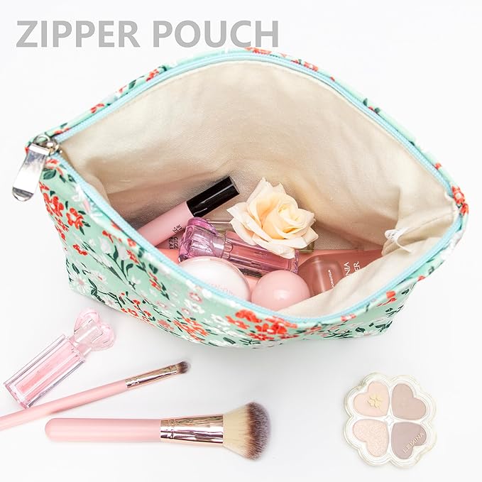 Flat Makeup Bag for Women,Zipper Cosmetic Pouch for Purse,Brocade Green