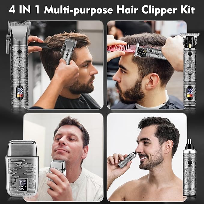 Dumite Professional Hair Clippers for Men,Hair Clippers+T-Blade Trimmer+Electric Shaver+Nose Hair Trimmer Set,4 in 1 Cordless Barber Hair Cutting Kit LCD Display Gifts (Gray)