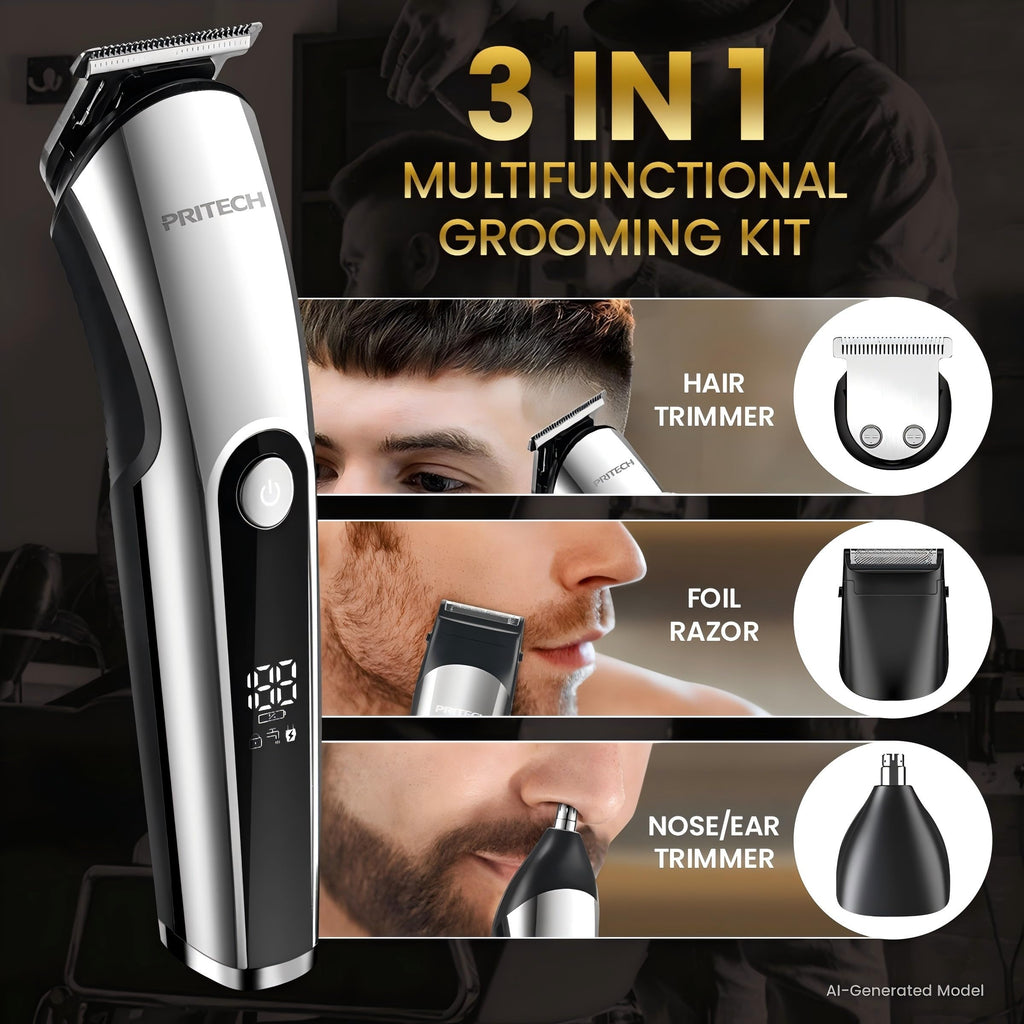 PRITECH Cordless Beard Trimmer for Men, 3-in-1 Grooming Kit, USB Charging