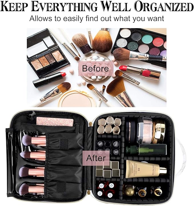 Oewoer Travel Makeup Bag 10.4 Inches Portable Makeup Train Case Cosmetic Bag Organizer with Adjustable Dividers and Shoulder Strap for Cosmetics Brushes Toiletry Jewelry Digital Accessories (Marble)