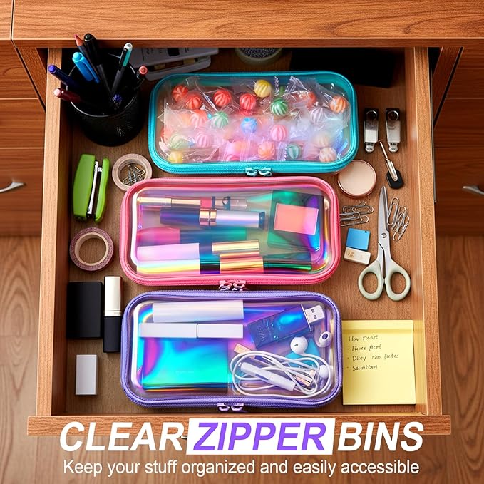 Hoolerry 3 Pcs Clear Hard Zipper Case Hard Plastic Zipper Pouch Makeup Bag Portable Travel Organizer for Cosmetics, Office Supplies, Documents & Toiletries(Laser,S)