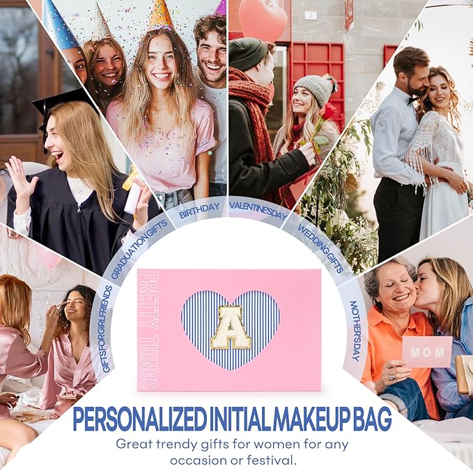 2 PCS Initial Makeup Bags for Women: Cosmetic Bag for Travel Toiletry - Birthday Gifts for 11 12 13 14 15 16 17 18 Years Old Girl Graduation Teacher Gift- Teen Girl Gifts Trendy Stuff - Blue G