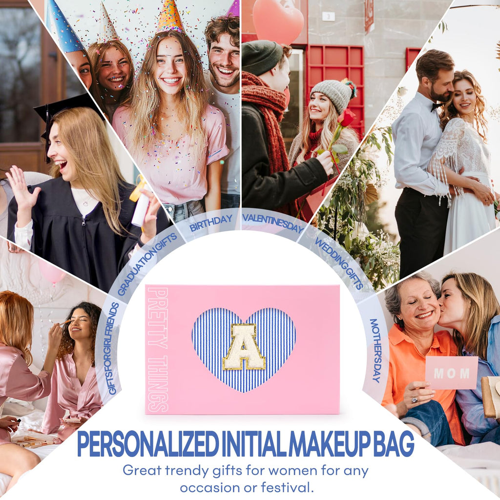 2 PCS Initial Makeup Bags for Women: Cosmetic Bag for Travel Toiletry - Birthday Gifts for 11 12 13 14 15 16 17 18 Years Old Girl Graduation Teacher Gift- Teen Girl Gifts Trendy Stuff - Blue H
