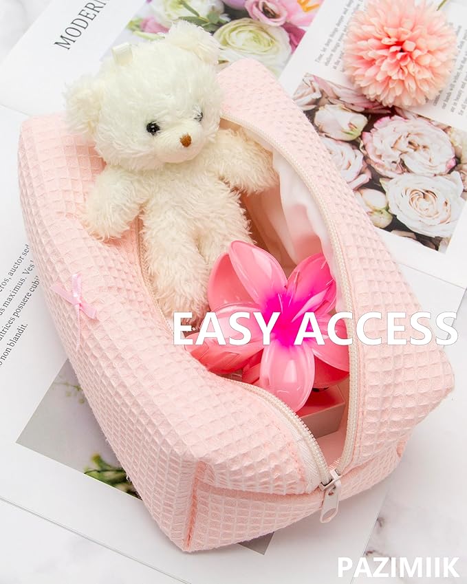 PAZIMIIK Cozy Makeup Bag for Women,Zipper Cosmetic Pouch,Waffle Pink