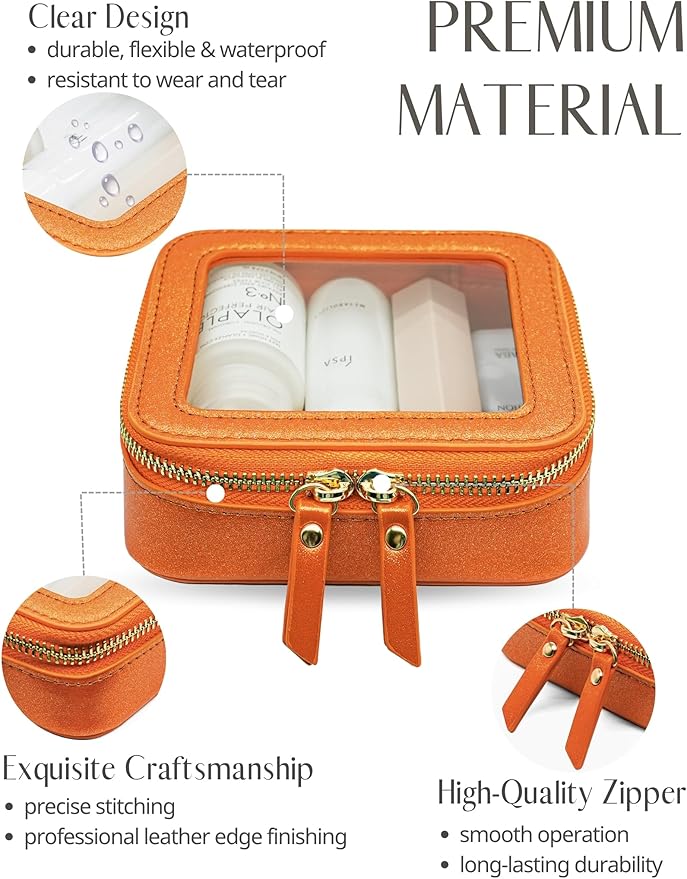 Popvibe Clear Makeup Bag with Zipper Small Travel Cosmetic Case Orange Mini Pouch for Purse Accessories Car Storgae Essentials Bag Purse Pouch Organizer Compact Small Clear Toiletry Bag for Traveling