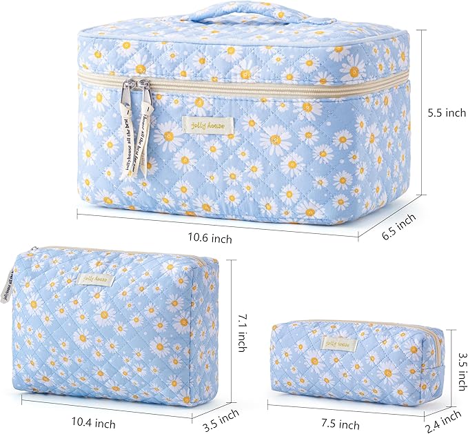 HBselect Quilted Makeup Bag, 3Pcs Cotton Large Travel Makeup Bags Organizer