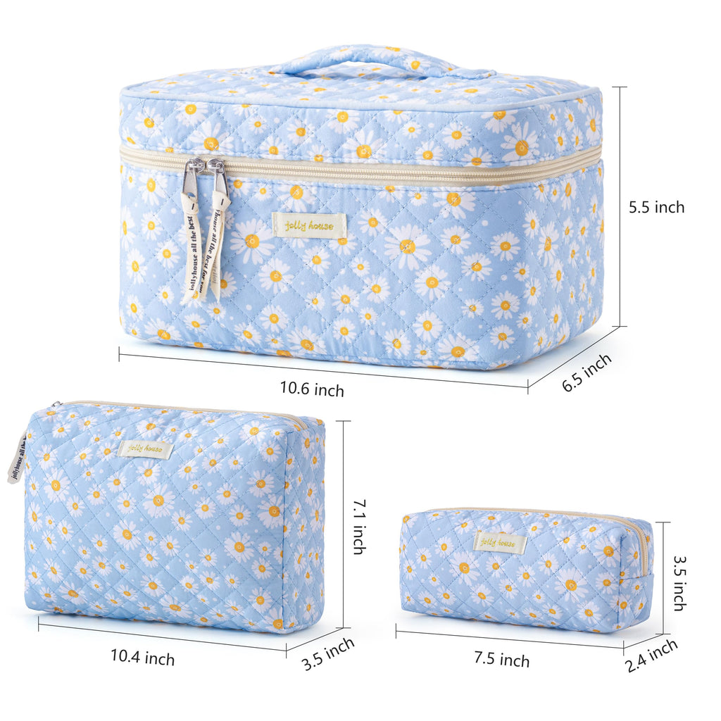 HBselect Quilted Makeup Bag, 3Pcs Cotton Large Travel Makeup Bags Organizer