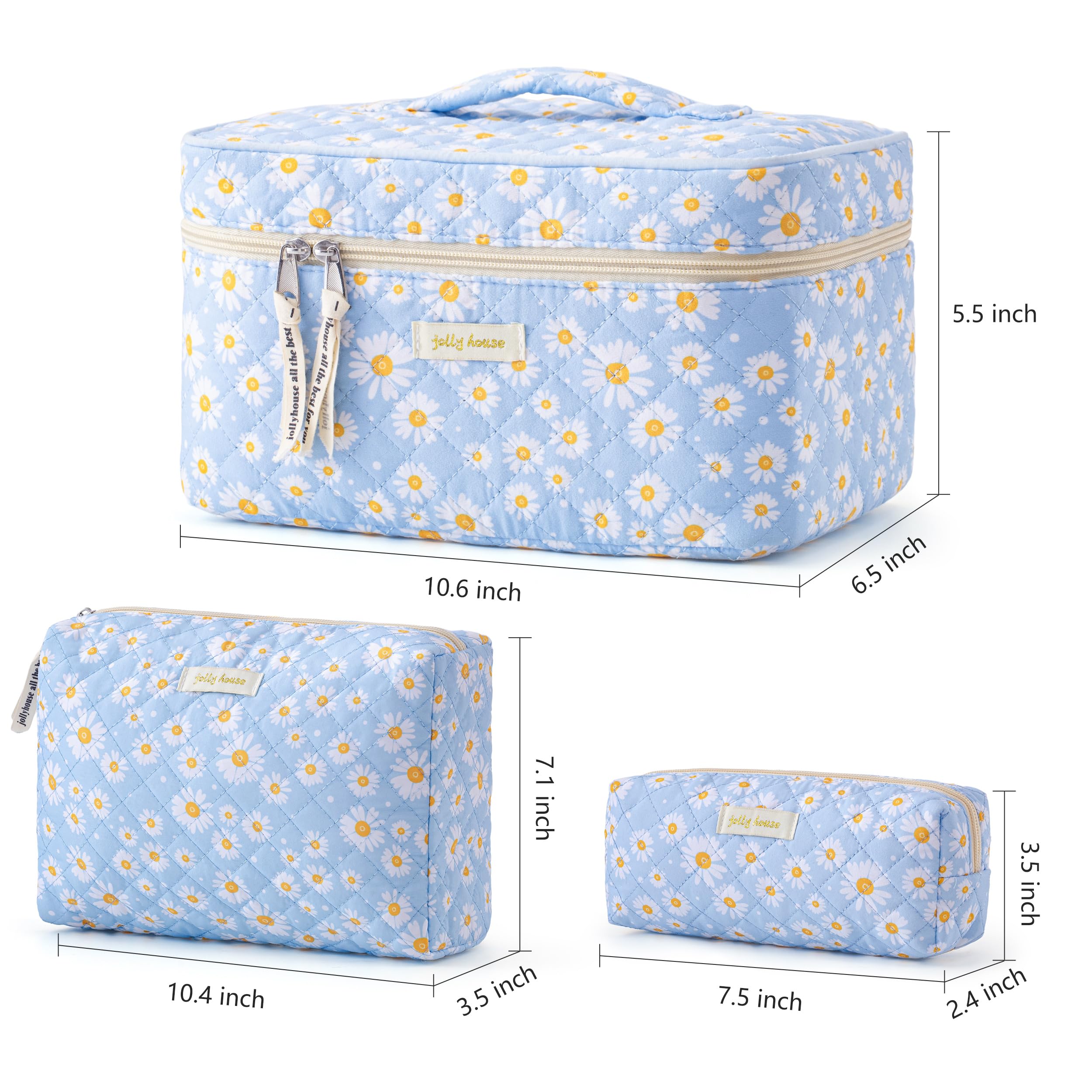 HBselect Quilted Makeup Bag, 3Pcs Cotton Large Travel Makeup Bags Organizer