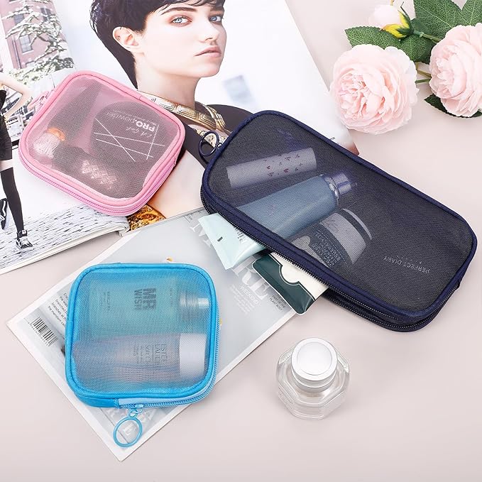 Sinzip 4 Pieces Mini Zipper Nylon Mesh Pouch, Mesh Cosmetic Bags Makeup Bags, Multipurpose Travel Toiletry Bags for Office Supplies and Travel Accessories (Grey, M)