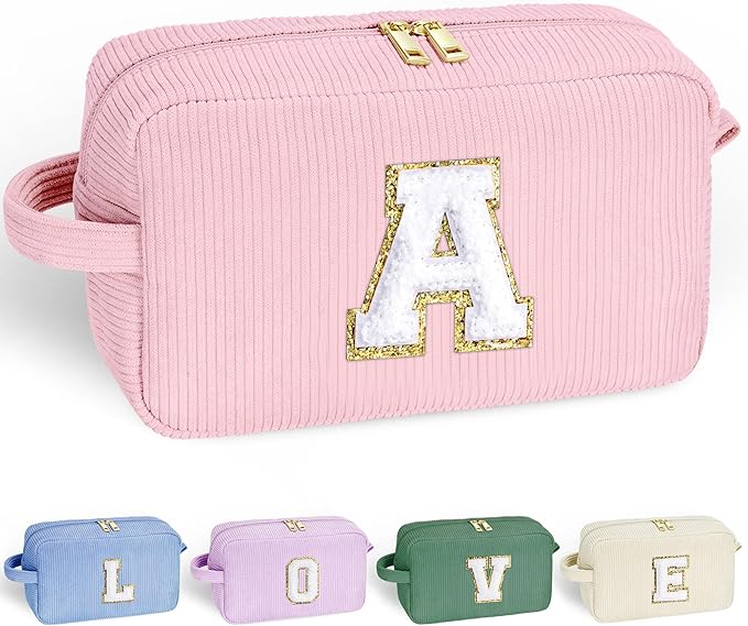 YOOLIFE Makeup Bags for Teen Girls Kid - 4 5 6 7 8 9 10 11 12 Year Old Girl Birthday Gift | Monogram Cute Makeup Bag, Teen Girl Gifts for Daughter, Birthday Gifts for Women Her Girls Pink Letter A