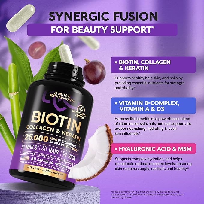 Biotin | Collagen | Hyaluronic Acid | Keratin - Hair Growth & Strength Support Vitamins - Skin & Nails Supplement - Clinically Tested for Men & Women - 25000mcg Vitamins B1, B2, B3, B6 & B7 - 60 Caps