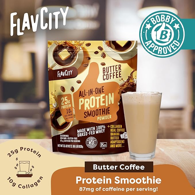 FlavCity All in One Protein Shake Powder, Butter Coffee - 55mg Caffeine + Collagen Peptides, Reishi & Cordyceps - Focus, Skin, Hair & Joint Support - 100% Grass Fed Whey, 20 Servings