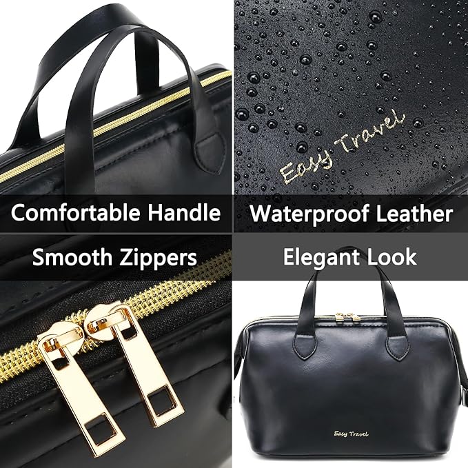 Fammart Travel Makeup Bag, Large Wide-open Cosmetic Bag Make Up Organizer Case for Women, Waterproof PU Leather Toiletry Bag Skincare Pouch for Toiletries Accessories Brushes