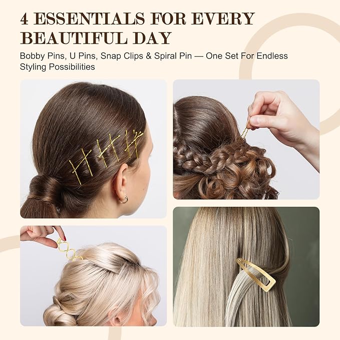FLAREANN Gold Bobby Pins Set with U Shape Pins, Spiral Pin & Snap Clips