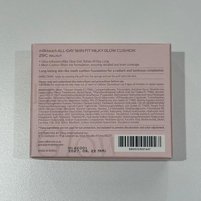 milktouch Cushion Foundation, 24H Flawless Skin, Radiant Shine, No Oxidation, Long-Lasting, Non-Creasing, 60% Hydrating Skincare Infused Korean (29C Walnut)