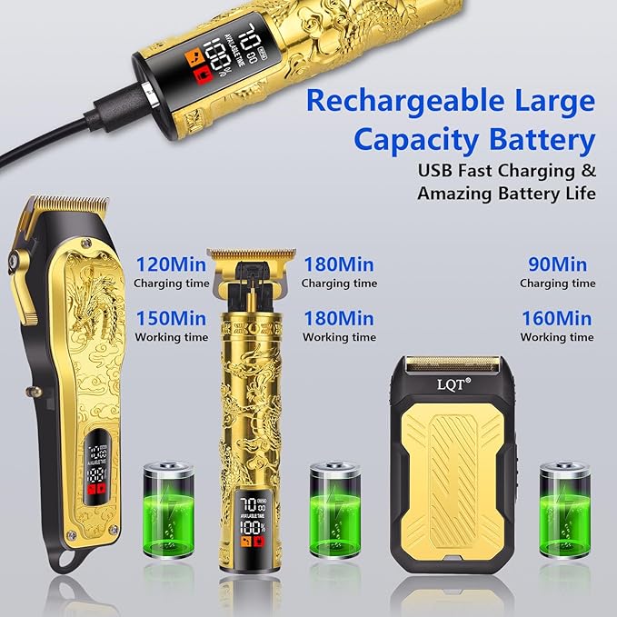 LQT Professional 3-in-1 Haircut and Shaving Set, Gold Design LED Display 17 Accessories + Travel Storage Box, Equipped with Large Capacity Battery, Holiday Gift, Men's Gift