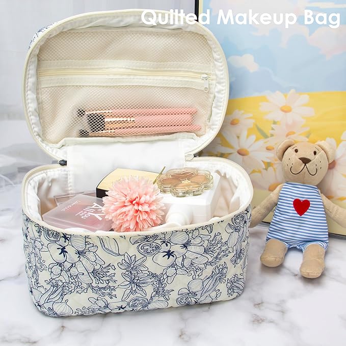 PAZIMIIK Quilted Makeup Bag for Women(Blue,3 Piece Set)