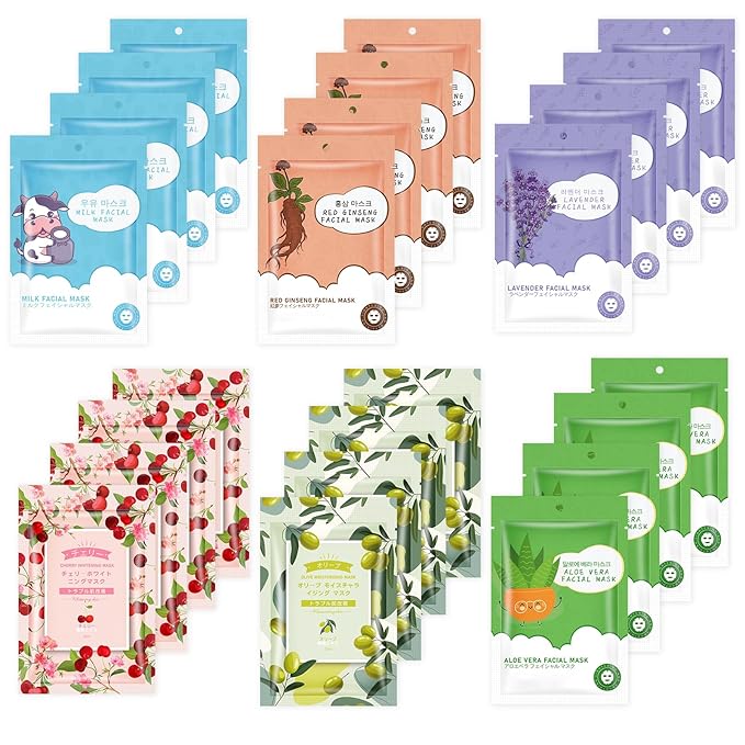 GUOYAOLIFU 24 Pack Sheet Face Masks Skincare for Women,Hydrating Face Masks Suitable for Dry Sensitive Skin,Bulk Facial Mask Gifts Set for Skin Care,Home Skincare Spa for All Skin Types