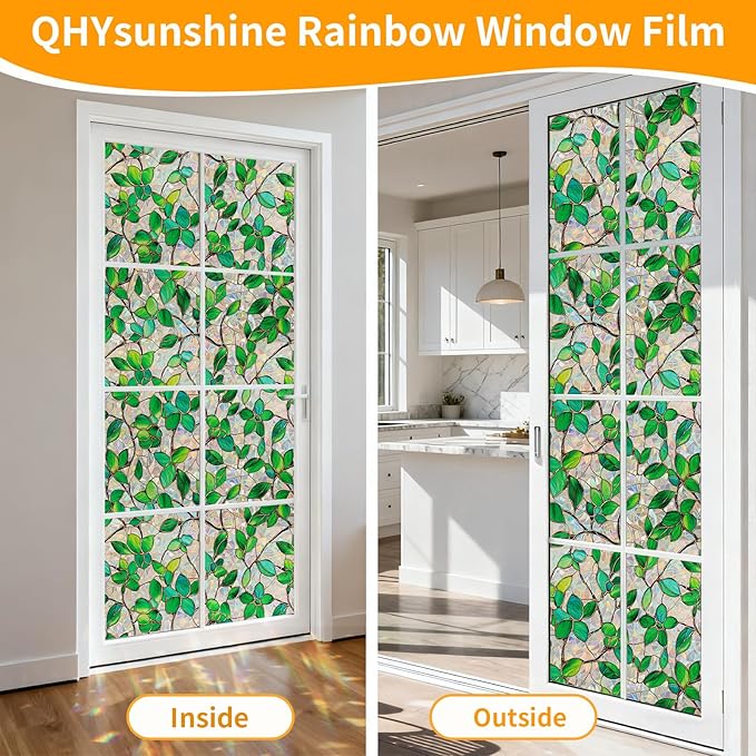 QHYsunshine Stained Glass Window Privacy Film Decorative Rainbow Static Clings – Ideal for Home & Office, Adhesive-Free, Removable, UV-Blocking (Green Rainbow, 35.4 X 157.4 in)