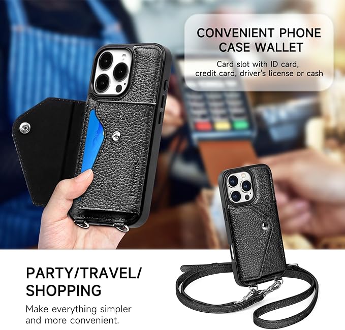 LUCKYCOIN Crossbody Phone Case for iPhone 16 Pro,100% Genuine Leather Phone Wallet Case for Women, Premium Hands-Free Phone Purse with Expandable Flip Card Holder & Adjustable Strap - Pebble Black