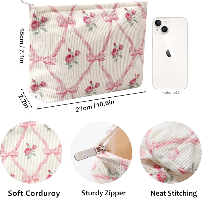 Gardsell Cosmetic Bags for Women - Corduroy Cosmetic Bag Aesthetic Women Handbags Purses Smile Dots Makeup Organizer Storage Makeup Bag Girls Case Bags (Flowers-Bow)