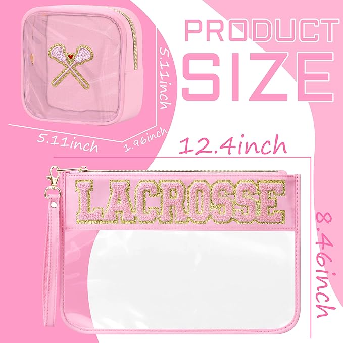 BuyCard 2 Pcs Lacrosse Gifts Makeup Bag with Chenille Letter Patch, Clear Cosmetic Pouch PVC Organizer Purse, Waterproof Travel Bag, Portable Toiletry Storage Bag for Her Girls Friends Women