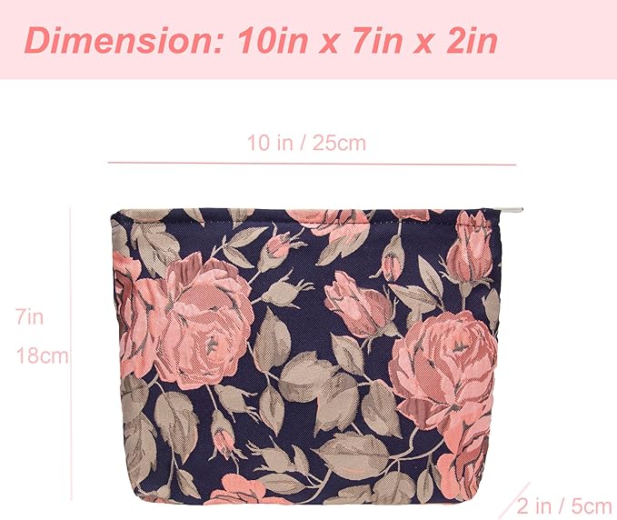 Flat Makeup Bag for Women,Zipper Cosmetic Pouch for Purse,Rose Black Blue