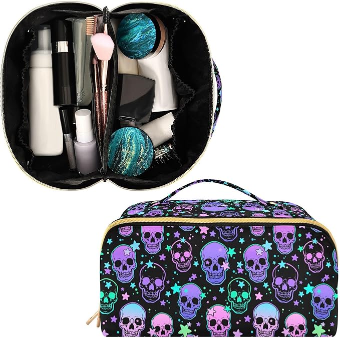 MNSRUU Makeup Organizer Bag, Stars Purple Skulls Travel Makeup Bags Makeup Vanity Case Large Capacity Rhombus Cosmetic Toiletry Bag for Girl Women Ladies