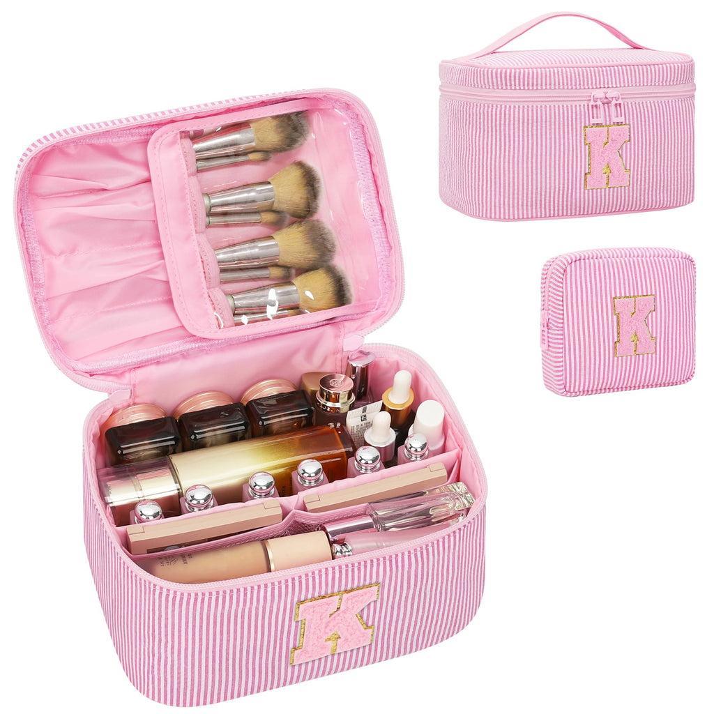 MONSTINA Initial Makeup Bag Valentine's Gifts for Women,Make Up Case for Girlfriend Bridesmaid Wife|Personalized Birthday Gift for Her Cute Toiletry Bag,2PCS,Pink K